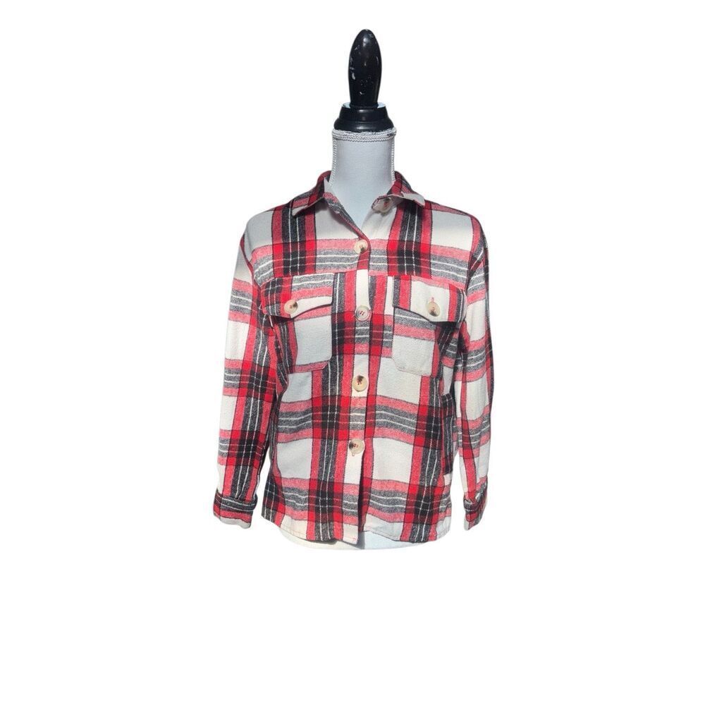 Red & cream plaid button-front shacket, by Kendall + Kylie